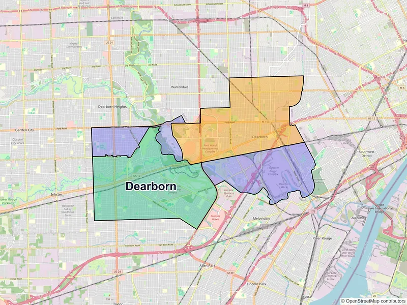 Map of Dearborn, Michigan and ZIP codes