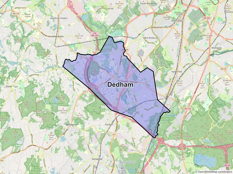 Map of Dedham, Massachusetts and ZIP codes