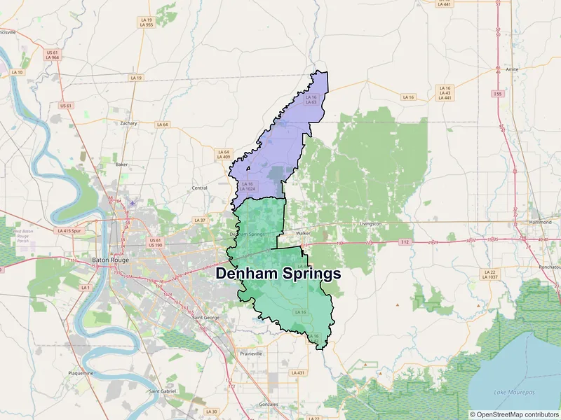 Map of Denham Springs, Louisiana and ZIP codes