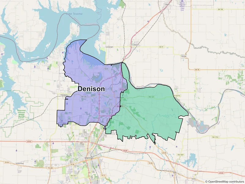 Map of Denison, Texas and ZIP codes