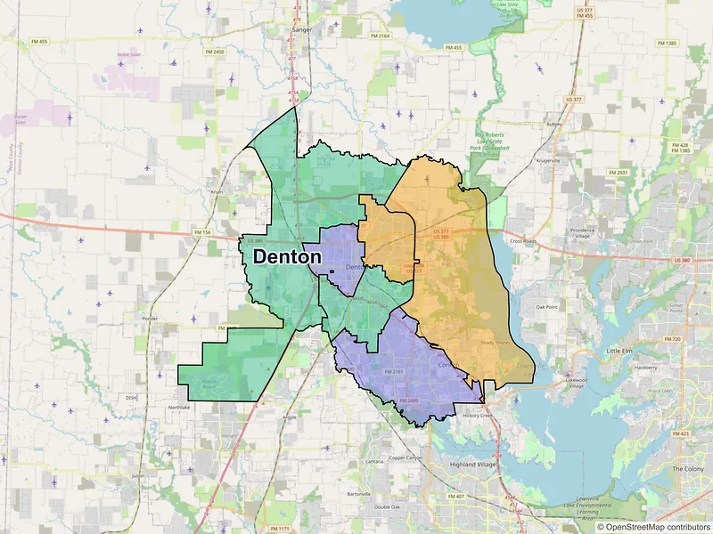Map of Denton, Texas and ZIP codes