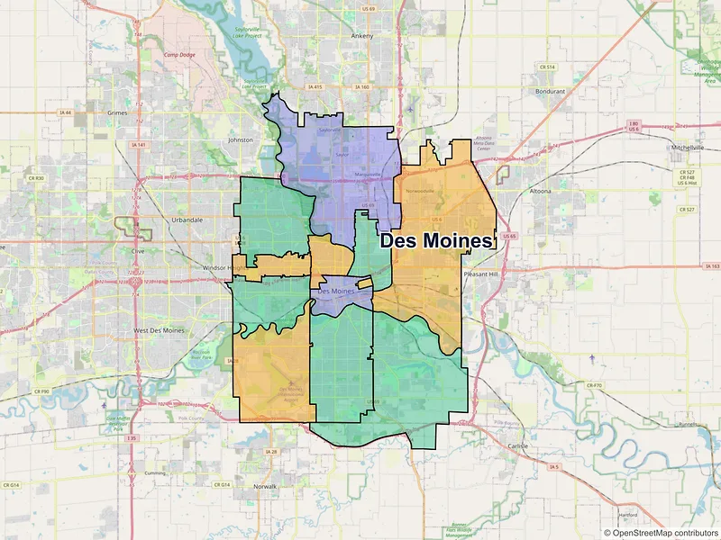 Map of Des Moines, Iowa and ZIP codes
