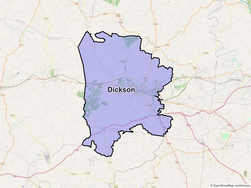 Map of Dickson, Tennessee and ZIP codes