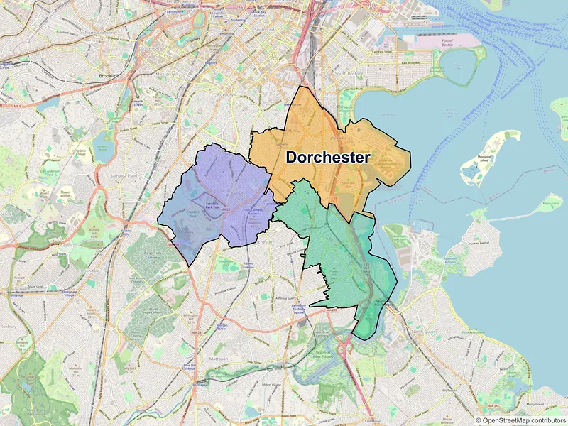 Map of Dorchester, Massachusetts and ZIP codes