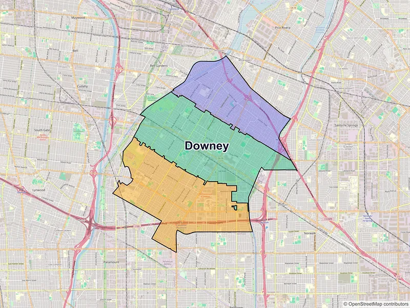 Map of Downey, California and ZIP codes