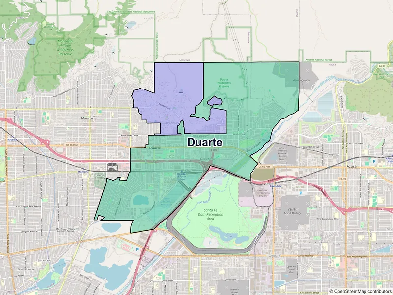 Map of Duarte, California and ZIP codes