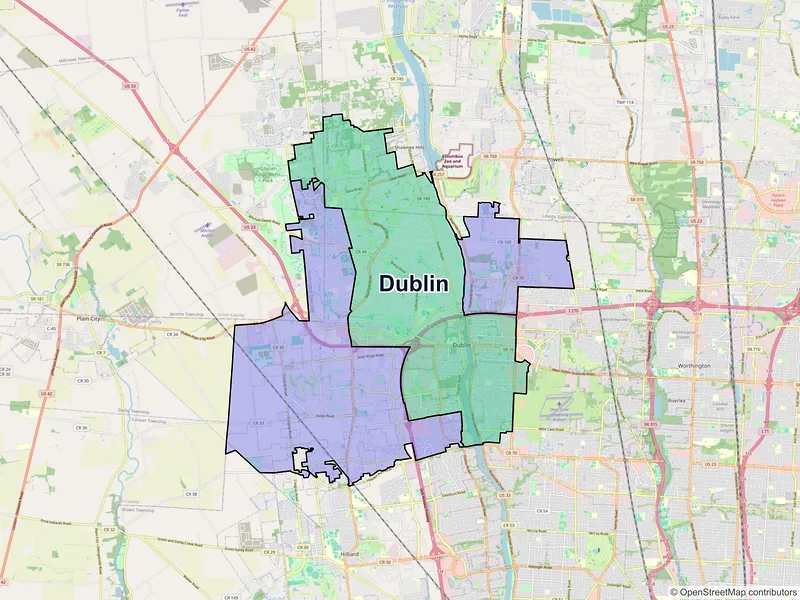 Map of Dublin, Ohio and ZIP codes