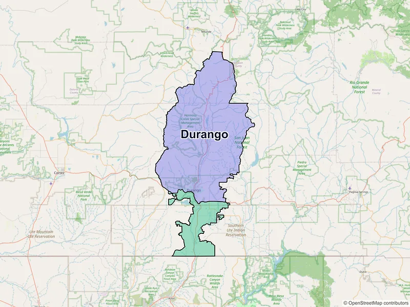 Map of Durango, Colorado and ZIP codes