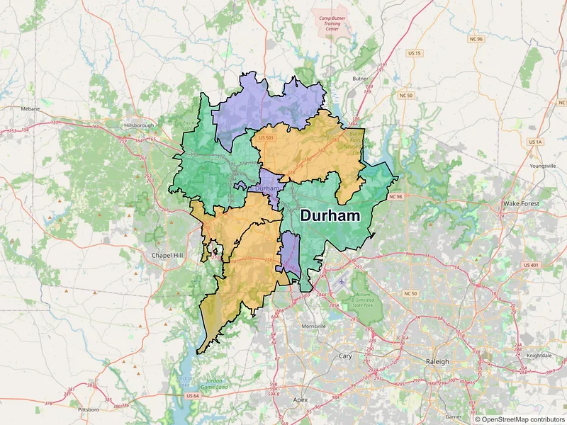 Map of Durham, North Carolina and ZIP codes