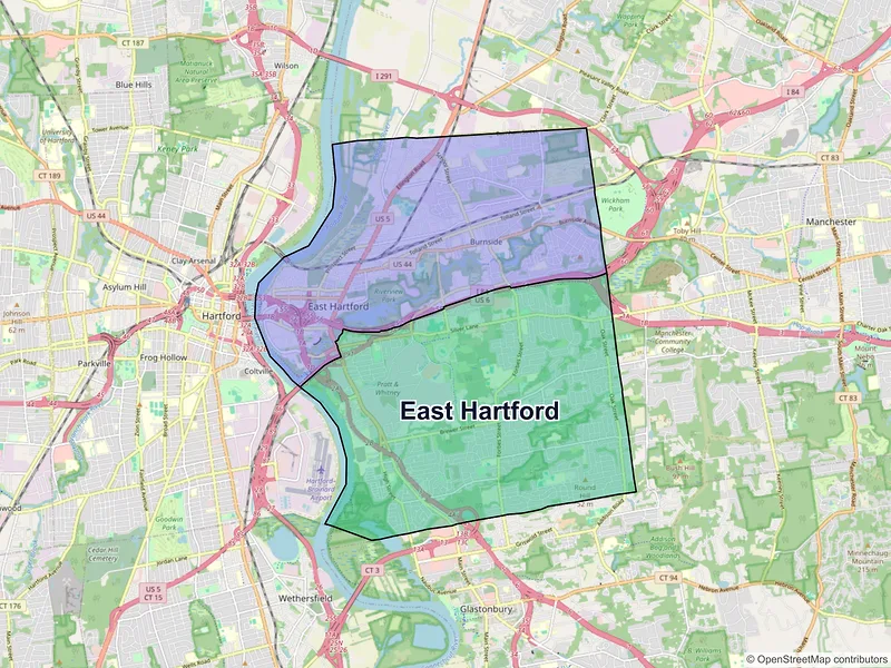 Map of East Hartford, Connecticut and ZIP codes