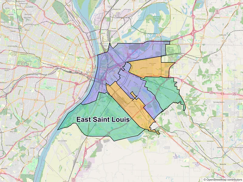 Map of East Saint Louis, Illinois and ZIP codes