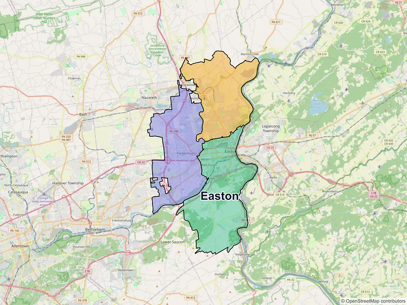 Map of Easton, Pennsylvania and ZIP codes