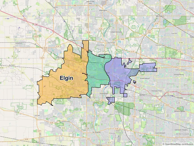 Map of Elgin, Illinois and ZIP codes
