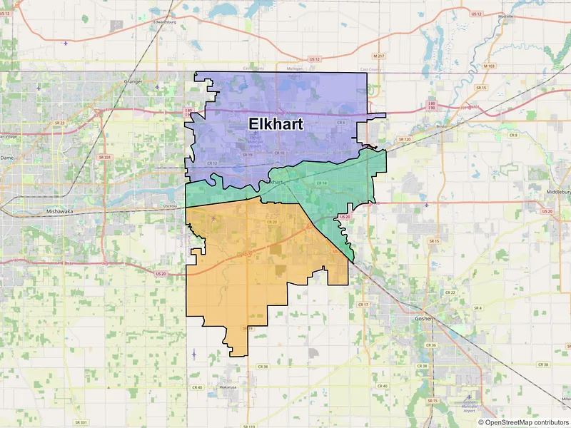Map of Elkhart, Indiana and ZIP codes