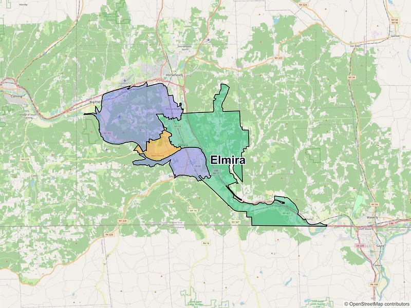 Map of Elmira, New York and ZIP codes