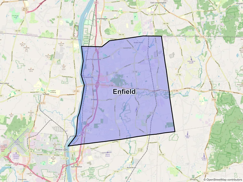 Map of Enfield, Connecticut and ZIP codes