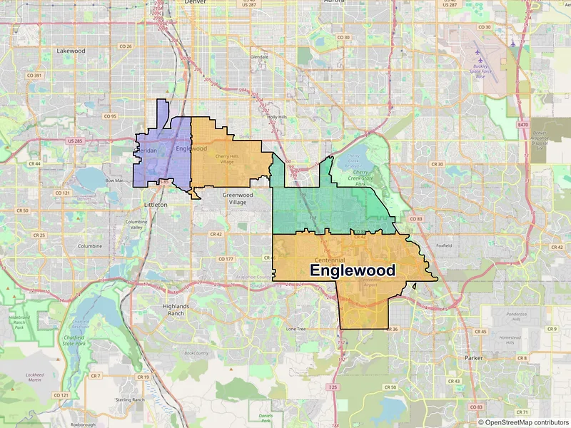 Map of Englewood, Colorado and ZIP codes