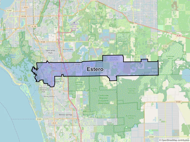 Map of Estero, Florida and ZIP codes