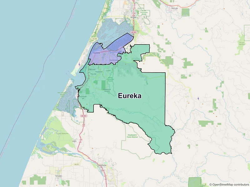 Map of Eureka, California and ZIP codes