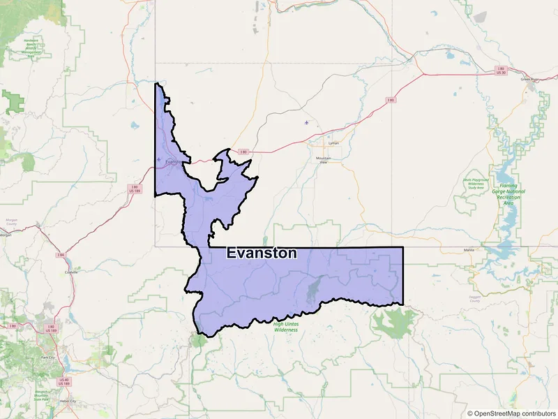 Map of Evanston, Wyoming and ZIP codes