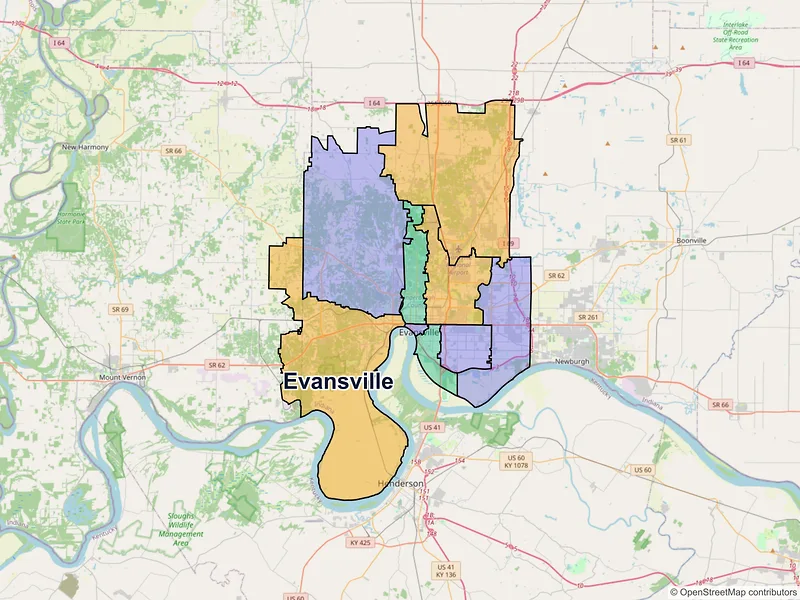 Map of Evansville, Indiana and ZIP codes