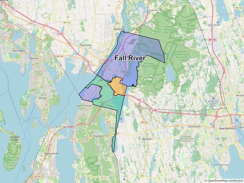 Map of Fall River, Massachusetts and ZIP codes