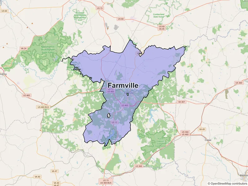 Map of Farmville, Virginia and ZIP codes