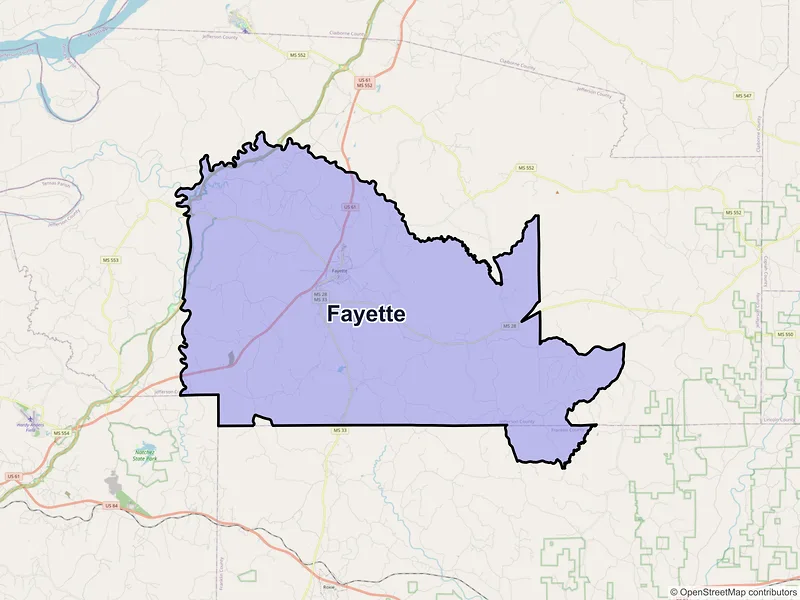Map of Fayette, Mississippi and ZIP codes