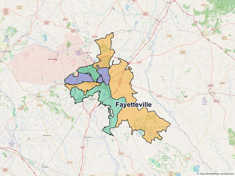 Map of Fayetteville, North Carolina and ZIP codes