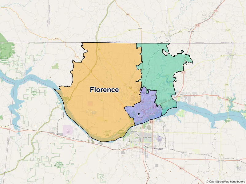 Map of Florence, Alabama and ZIP codes