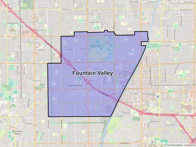 Map of Fountain Valley, California and ZIP codes