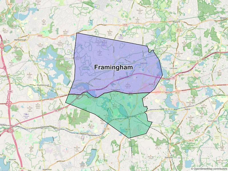 Map of Framingham, Massachusetts and ZIP codes