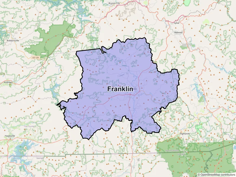 Map of Franklin, North Carolina and ZIP codes
