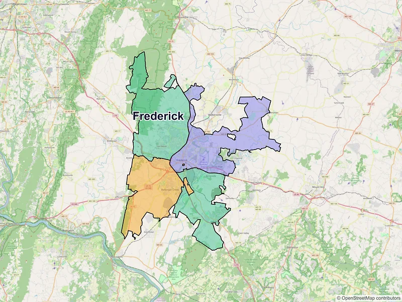 Map of Frederick, Maryland and ZIP codes