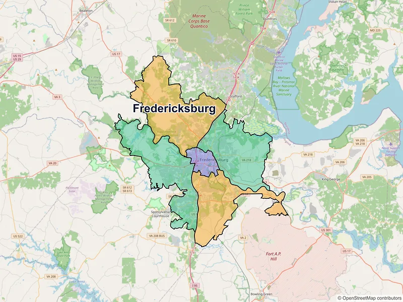 Map of Fredericksburg, Virginia and ZIP codes