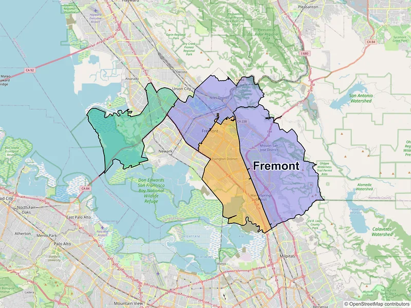 Map of Fremont, California and ZIP codes