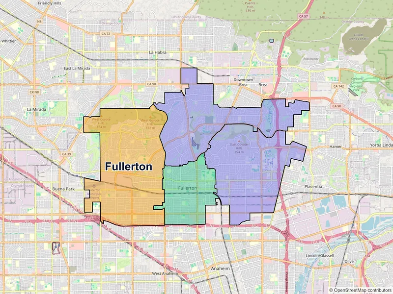Map of Fullerton, California and ZIP codes