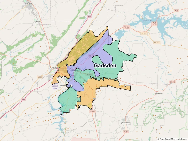 Map of Gadsden, Alabama and ZIP codes
