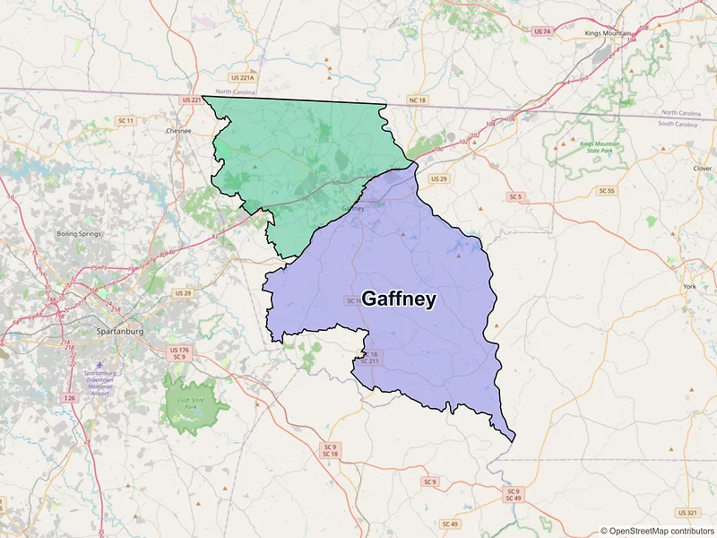 Map of Gaffney, South Carolina and ZIP codes