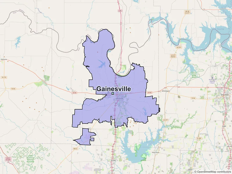 Map of Gainesville, Texas and ZIP codes