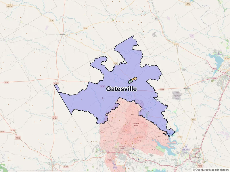 Map of Gatesville, Texas and ZIP codes