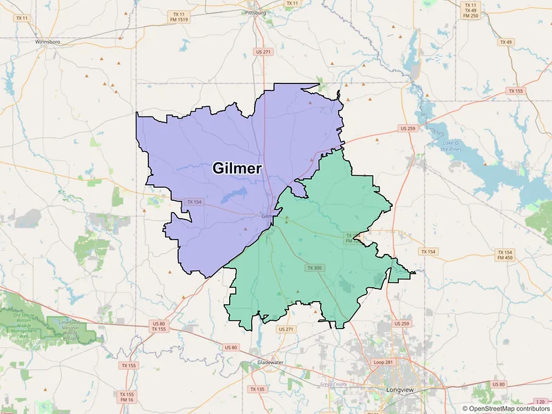 Map of Gilmer, Texas and ZIP codes
