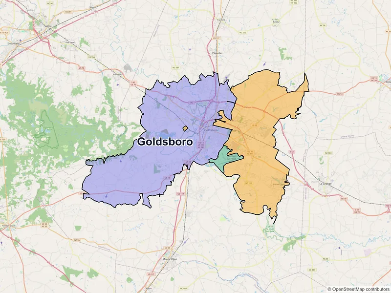 Map of Goldsboro, North Carolina and ZIP codes