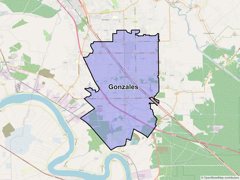 Map of Gonzales, Louisiana and ZIP codes