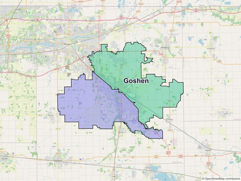 Map of Goshen, Indiana and ZIP codes