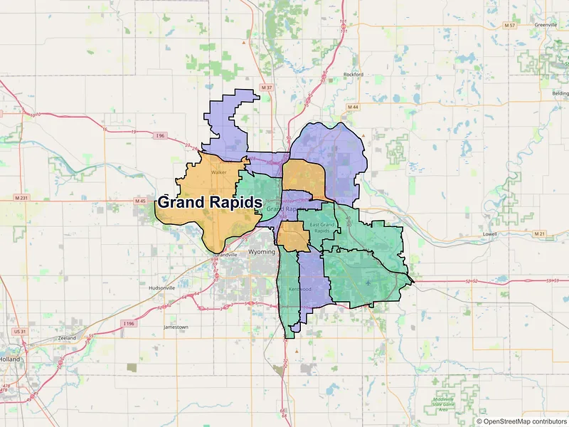 Map of Grand Rapids, Michigan and ZIP codes