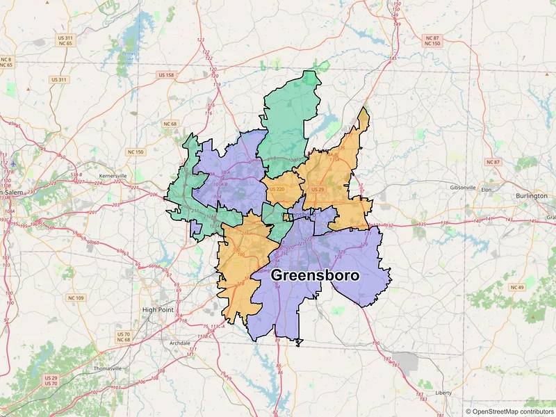 Map of Greensboro, North Carolina and ZIP codes