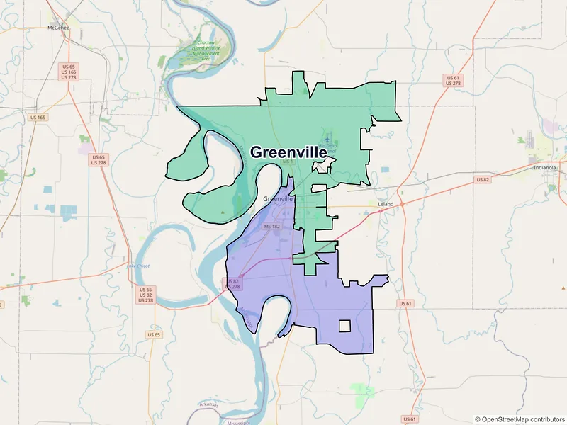 Map of Greenville, Mississippi and ZIP codes