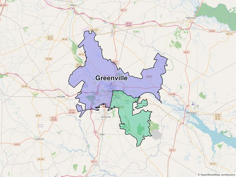 Map of Greenville, North Carolina and ZIP codes
