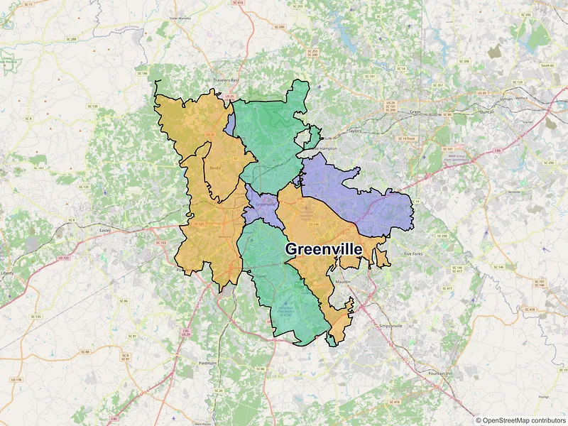 Map of Greenville, South Carolina and ZIP codes